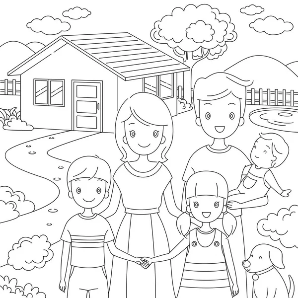 Família em pé frente sua casa no estilo doodle — Vetor de Stock