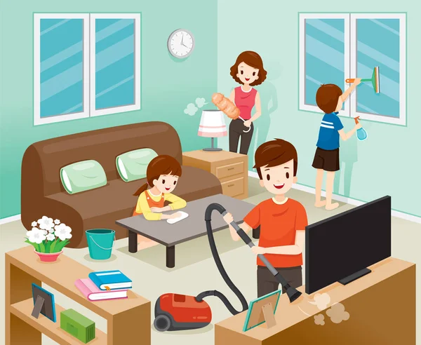 Padre, madre, hijo e hija limpiando juntos el hogar — Vector de stock