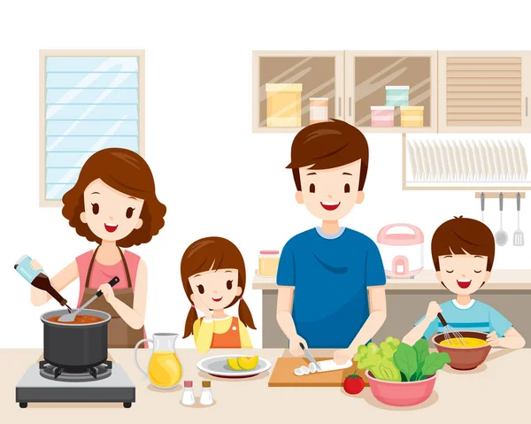 Familia feliz cocinando comida en la cocina juntos — Archivo Imágenes Vectoriales