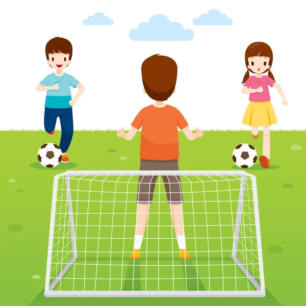 Pai, filho e filha jogando futebol jogo juntos —  Vetores de Stock