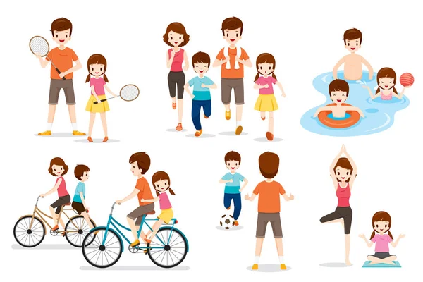 Conjunto de familia con varias actividades deportivas y de ejercicio — Vector de stock