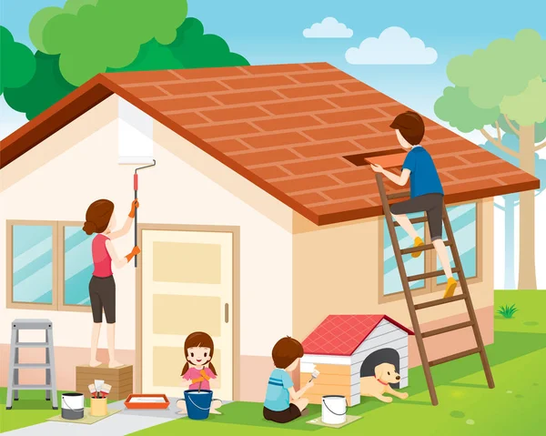Father, Mother, Son And Daughter Repairing Home Exterior — Stock Illustration Father, Mother, Son And Daughter Repairing Home Exterior Royalty Free Stock Illustrations