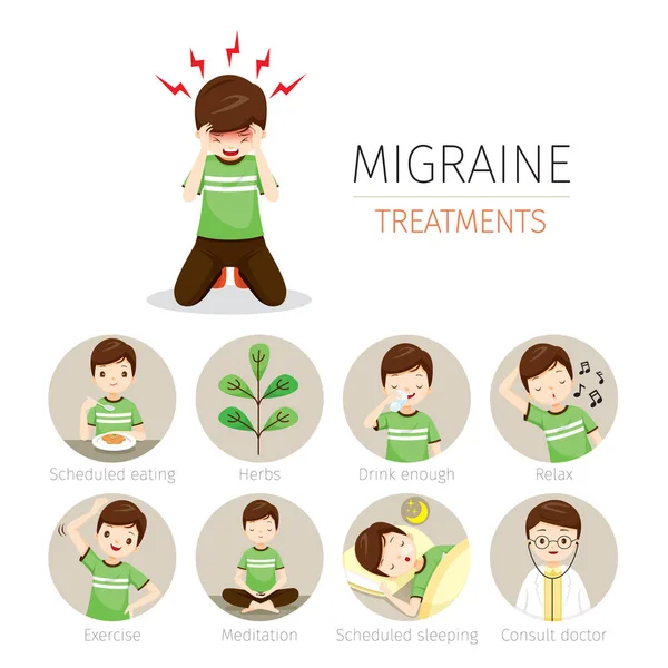 Joven con Iconos de Tratamiento de Migraña Set — Vector de stock