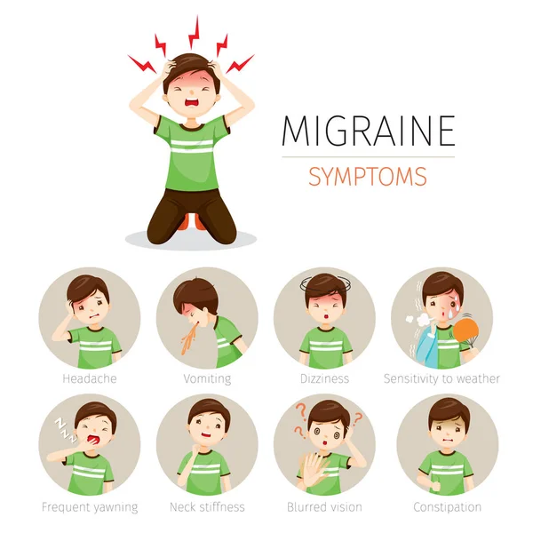 Young Man With Migraine Symptoms Icons Set — Stock Vector