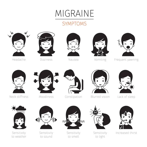 Migrena objawy zestaw ikon, monochromatyczny — Wektor stockowy