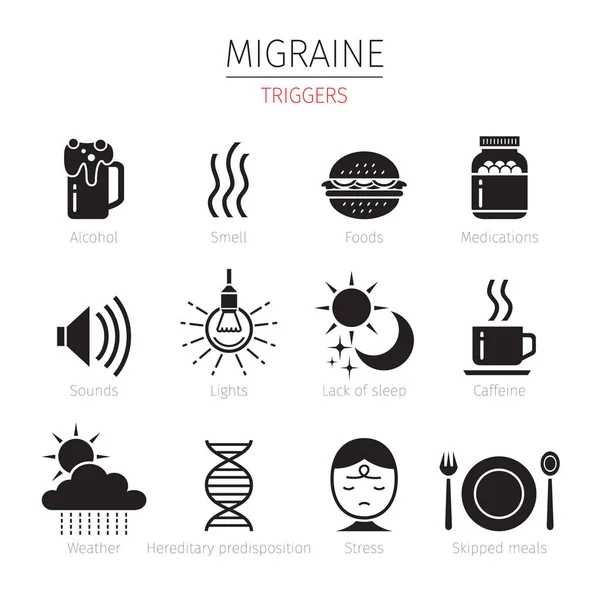 Migrän Triggers ikoner Set, monokrom — Stock vektor