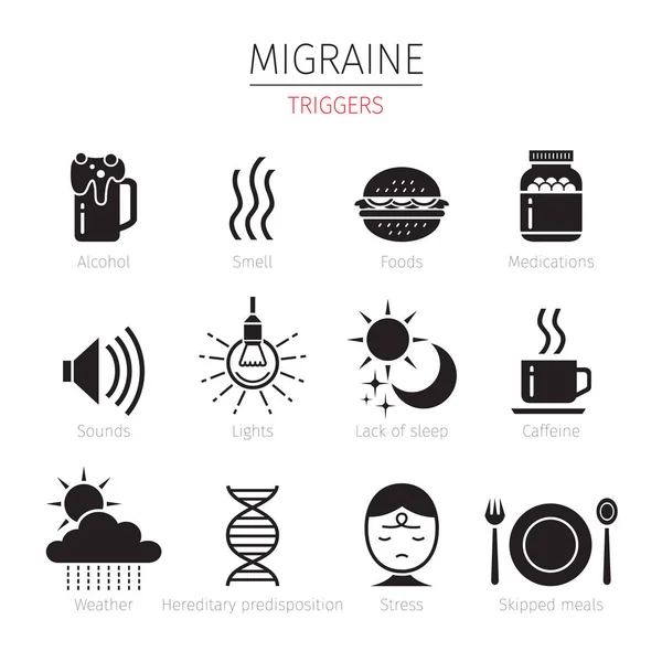 Migrén kiváltó ikonok beállítása, fekete-fehér — Stock Vector