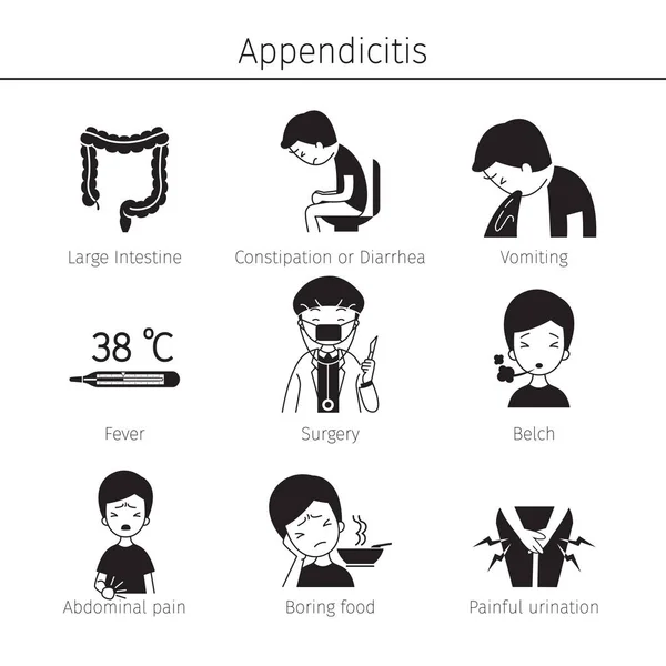 Appendicite Sintomi Icone Set, Monocromo — Vettoriale Stock