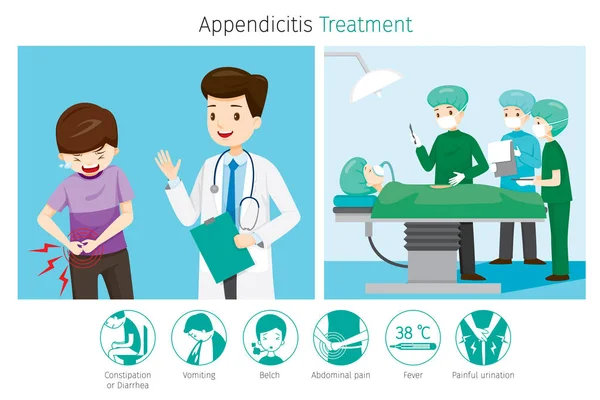 Diagnóstico médico e operar em paciente com apendicite —  Vetores de Stock