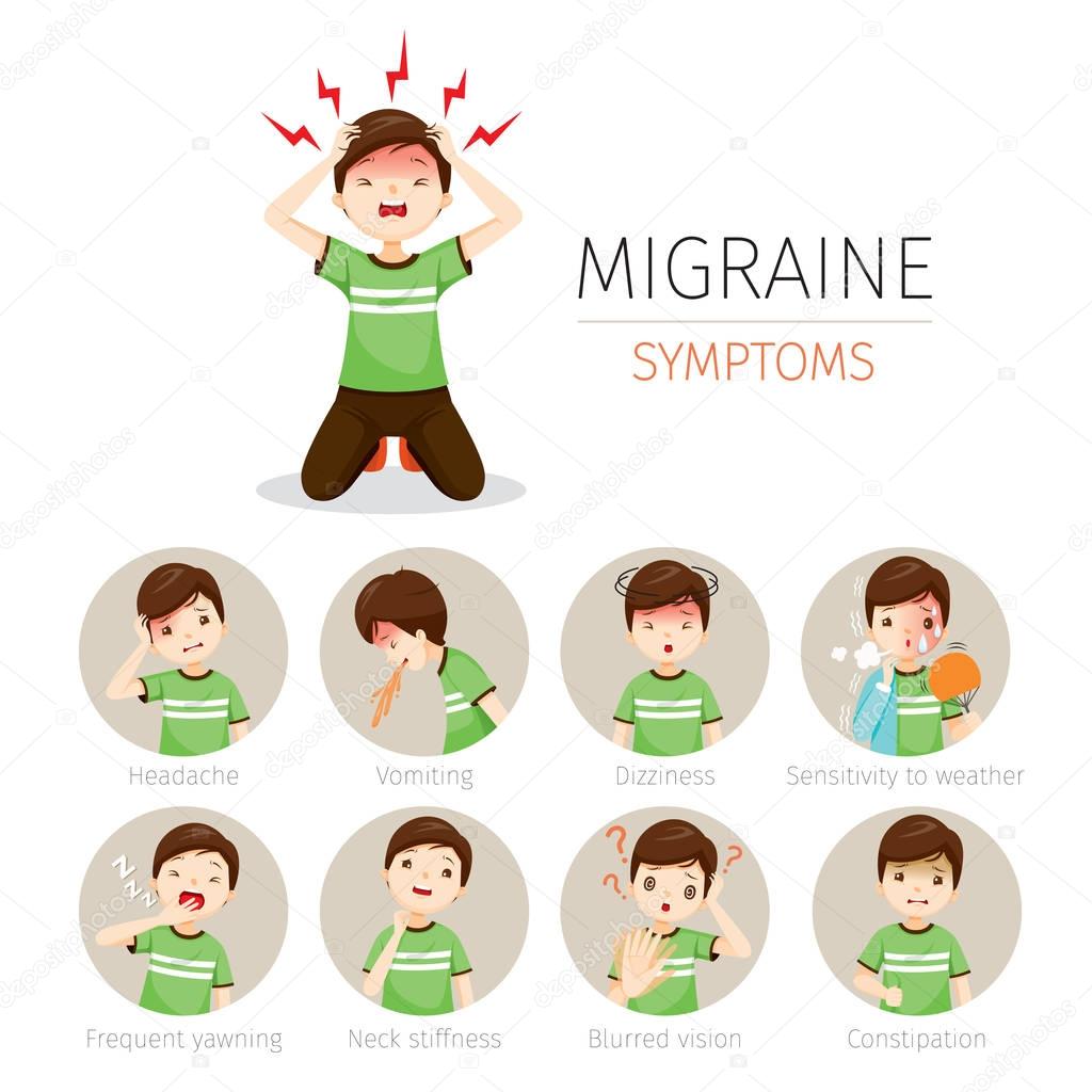 Young Man With Migraine Symptoms Icons Set