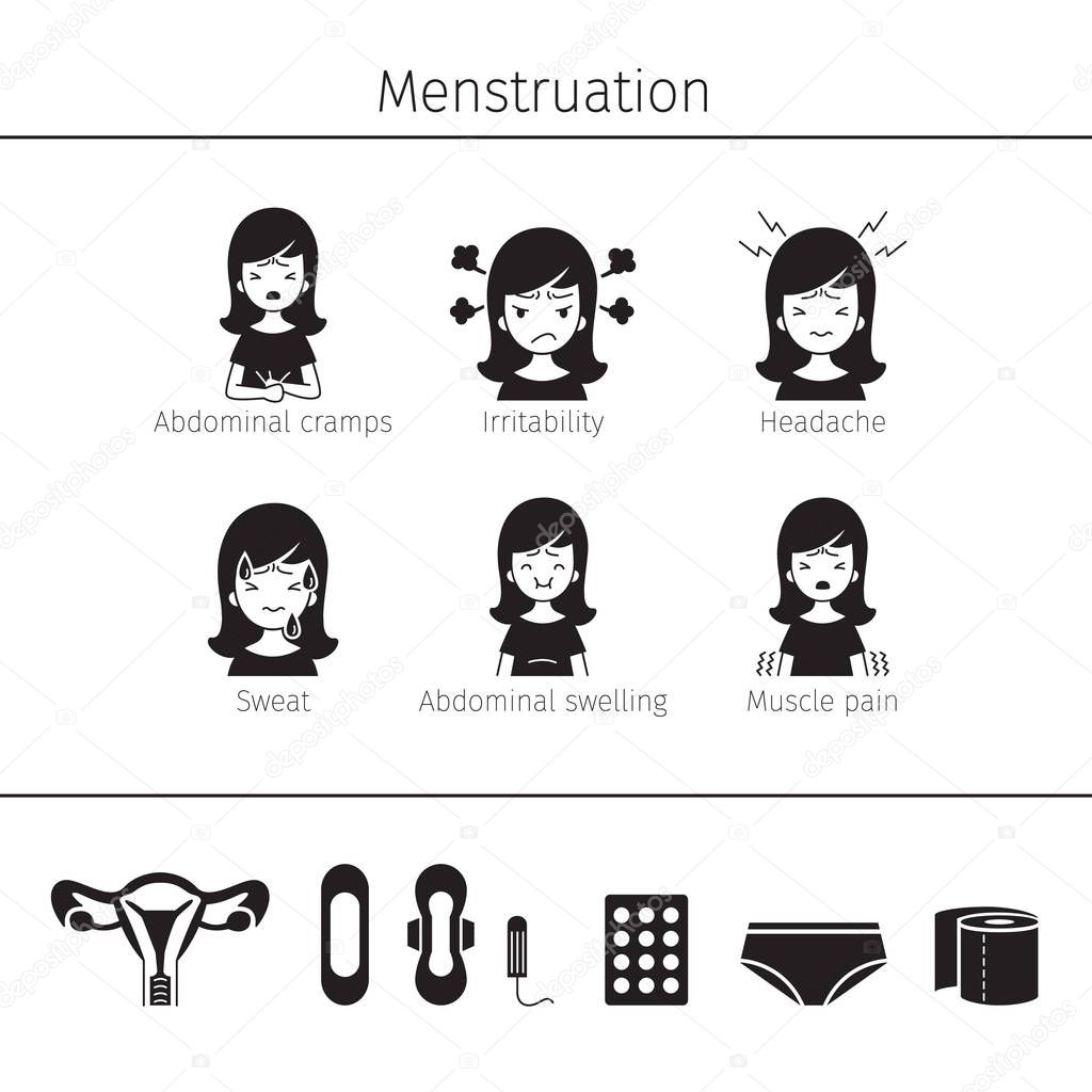Menstruation Symptom, Icons Set, Monochrome