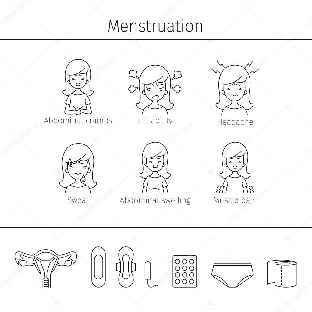 Menstruation Symptom, Outline Icons Set 