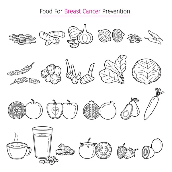 Υγιεινά τρόφιμα για εικονίδια διάρθρωσης πρόληψης καρκίνου του μαστού που — Διανυσματικό Αρχείο