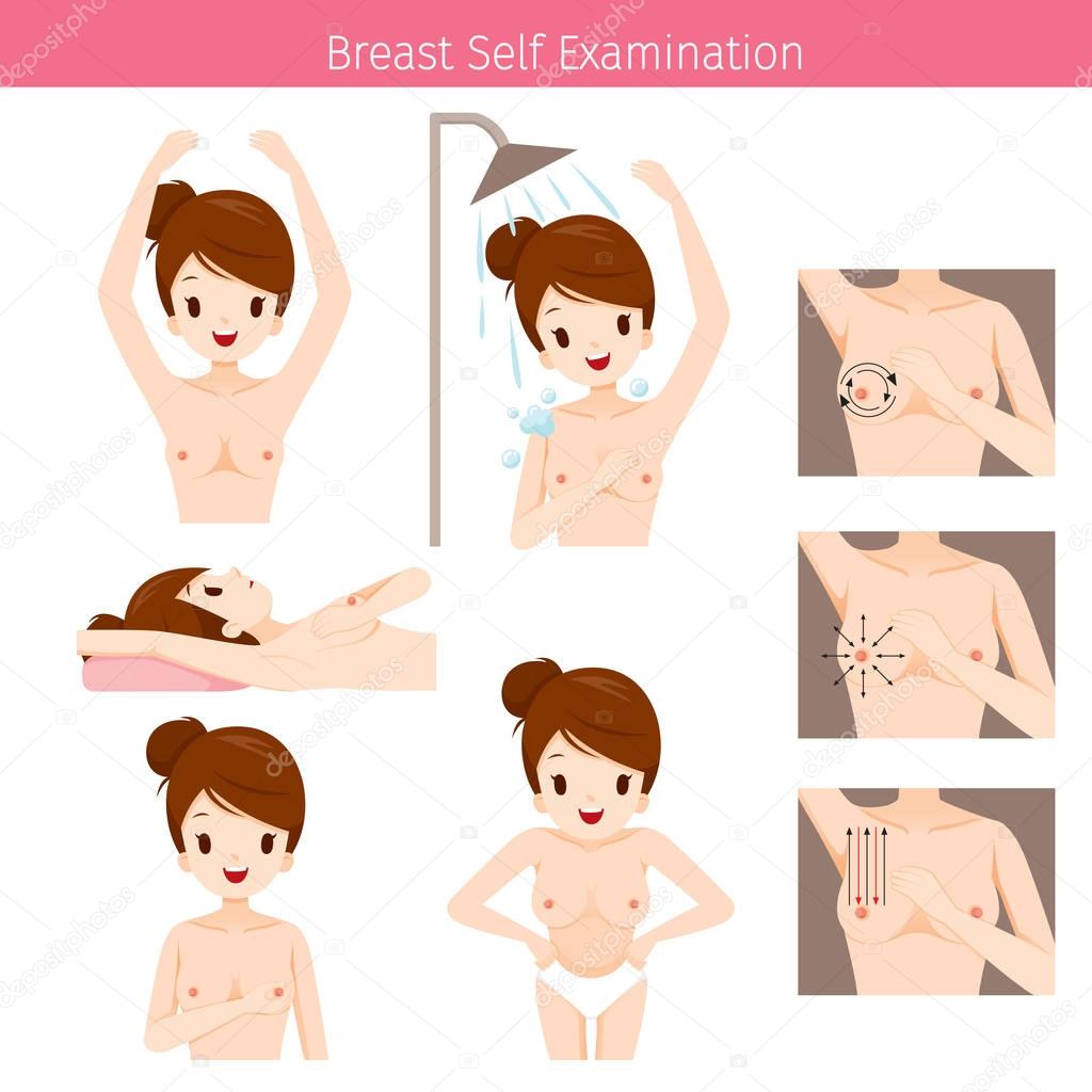 Naked Woman Breast Self-Examination And Method to Palpation
