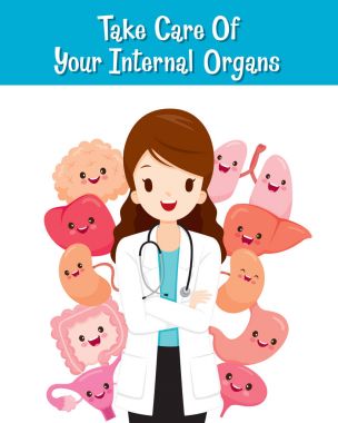 Kadın Doktor insan iç organlar, çizgi film karakterleri ile ayarla 