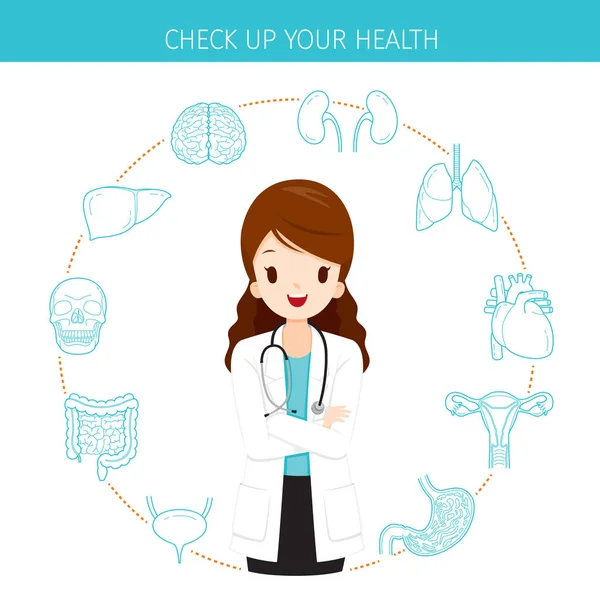 Woman Doctor With Human Internal Organs Line Icons Set — Stock Illustration Woman Doctor With Human Internal Organs Line Icons Set Stock Vector