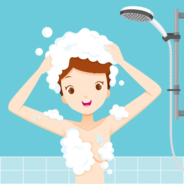 Mujer joven lavando el cabello en el baño — Vector de stock