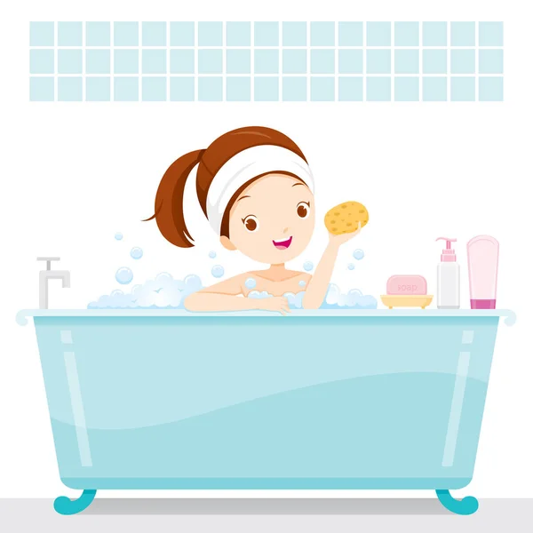 Linda chica bañándose en la bañera, en el baño — Vector de stock