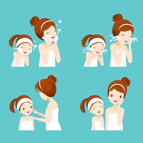 Set Of Mother And Daughter Cleaning And Care Her Face - Stok Vektor