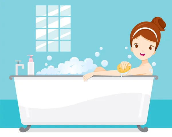 Wanita muda Mandi di Bathtub, di kamar mandi - Stok Vektor