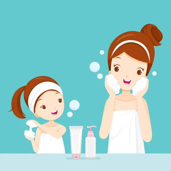 Mãe e filha limpando e cuidar de seu rosto — Vetor de Stock