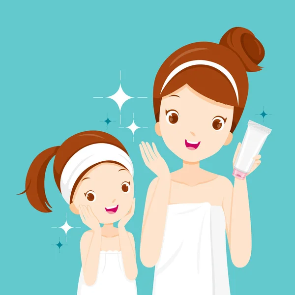 Moeder en dochter blij met een schoon gezicht — Stockvector
