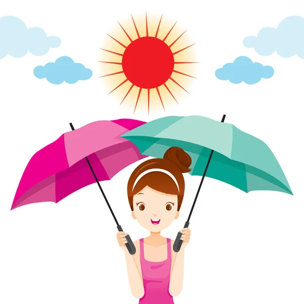 Girl Holding Two Umbrellas With Sun Light — Stock Vector