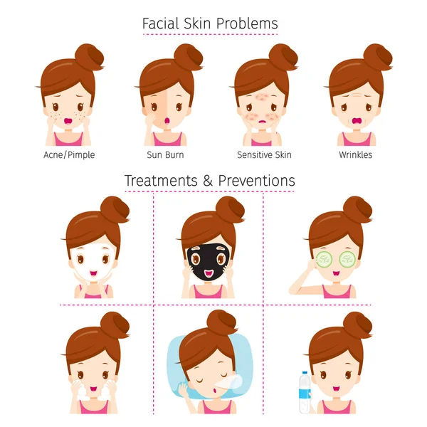 Pige med problemer på ansigt og metode til behandling og forebyggelse – Stock-vektor