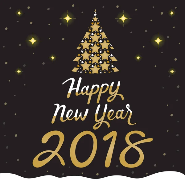 Happy New Year 2018 tekst, gouden boom op zwarte achtergrond — Stockvector