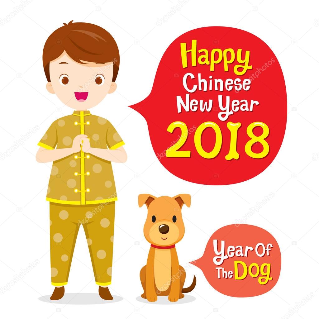 Boy In Chinese Clothing With Dog, Chinese New Year, Year Of The 