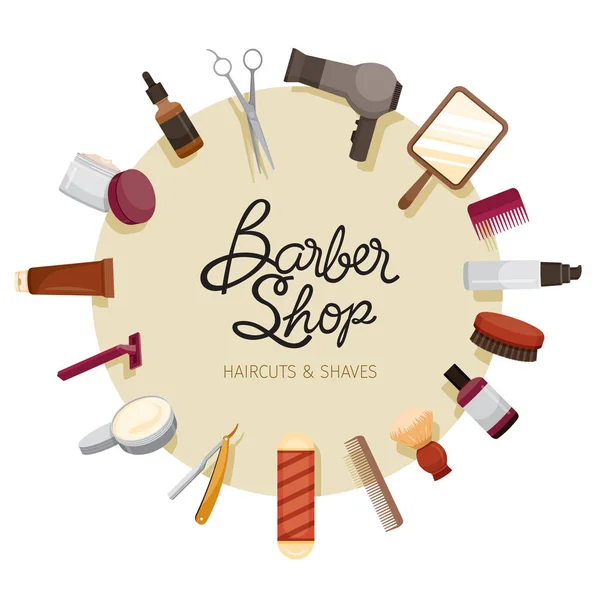 Barbeiro loja acessórios no quadro círculo —  Vetores de Stock