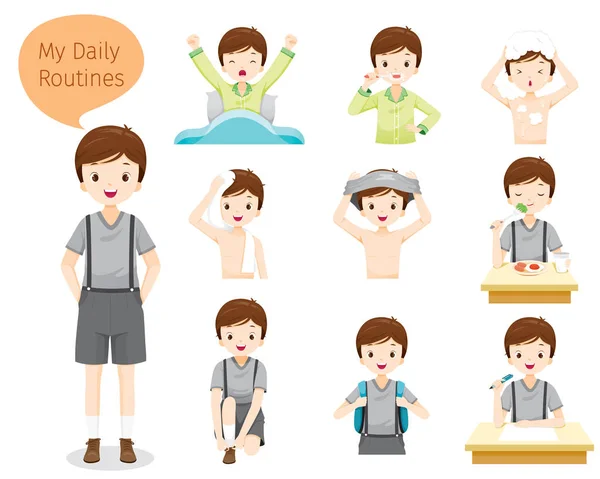 The Daily Routines Of Boy - Stok Vektor