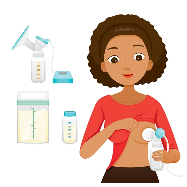 皮肤黝黑的母亲用自动母乳泵抽她的乳房 母乳泵组 母亲节 — 图库矢量图片