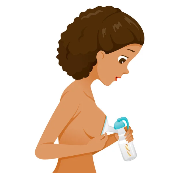 Dunkle Haut Mutter Pumpt Ihre Brust Mit Manueller Brustpumpe Seitenansicht — Stockvektor