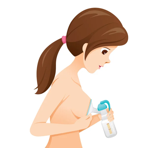 Mother Pumping Her Breast Manual Breast Pump Side View Mothers - Stok Vektor