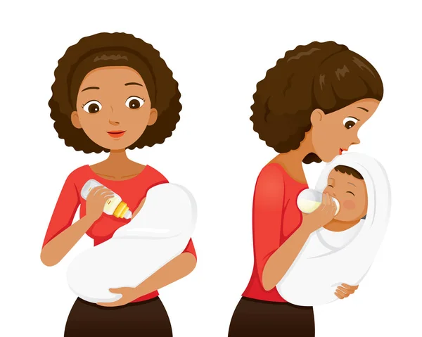 Dark Skin Mother Feeding Baby Milk Baby Bottle Front Side — Stock Vector