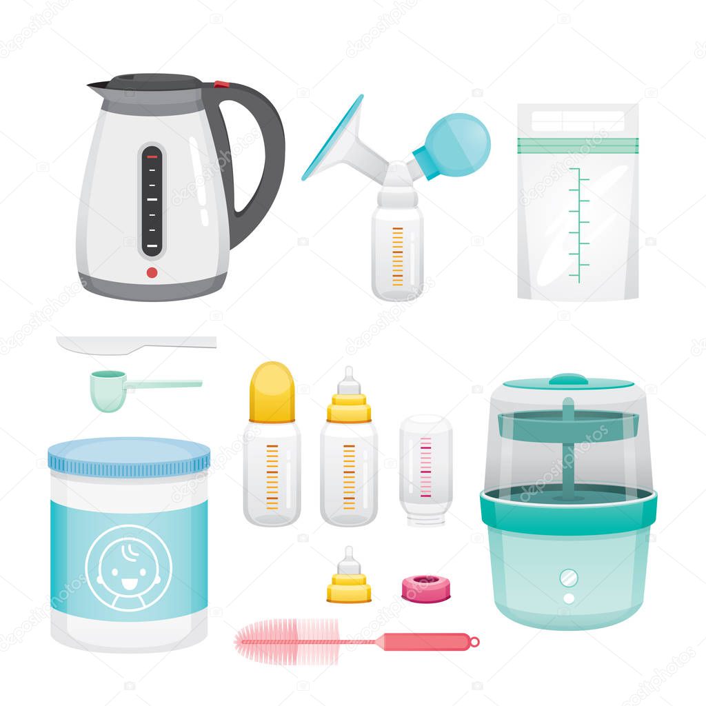 Icons Set Of Equipment For Feeding Baby, Mothers day, Suckling, Infant, Motherhood, Innocence