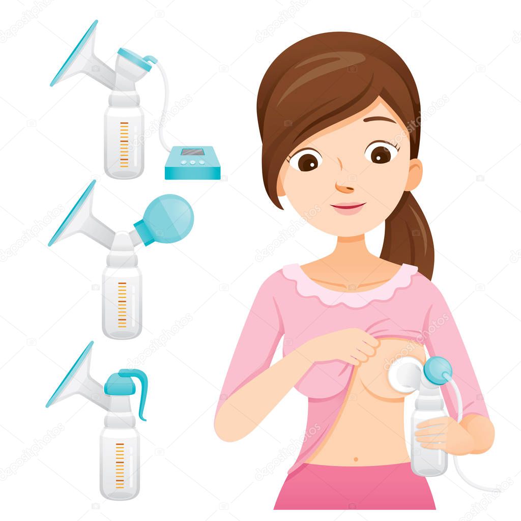 Mother Pumping Her Breast With Automatic Breast Pump. Breast Pump Set, Mothers day, Suckling, Infant, Motherhood, Innocence
