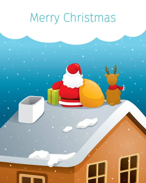 Santa Claus And Reindeer Sitting Back On Roof With Big Bag And G — Stock Vector