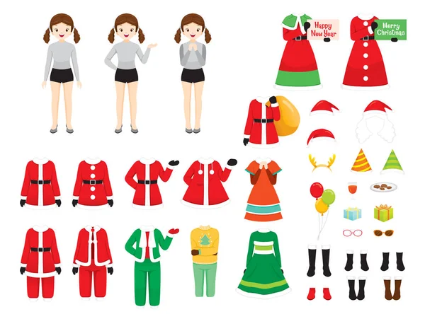 Dívka s vánočními kostýmy, sada příslušenství, vánoční oblečení — Stockový vektor