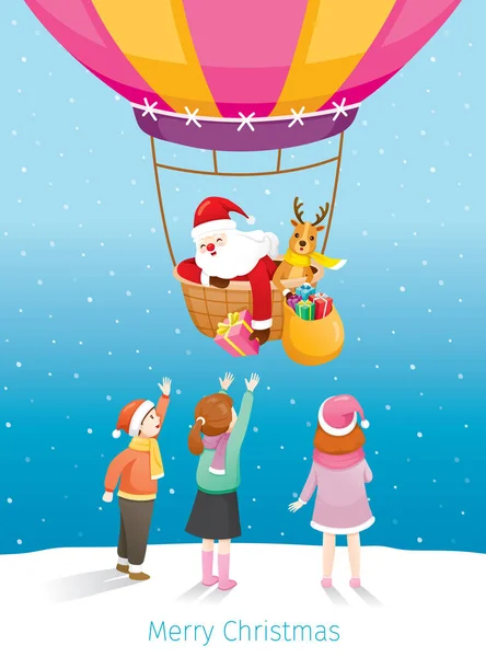 Père Noël et renne sur ballon volant donnant boîte cadeau à Ch — Image vectorielle