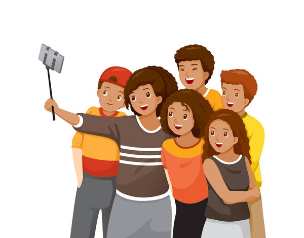 Happy Group Of Black Adolescent Taking Selfie Photo On Smartphon