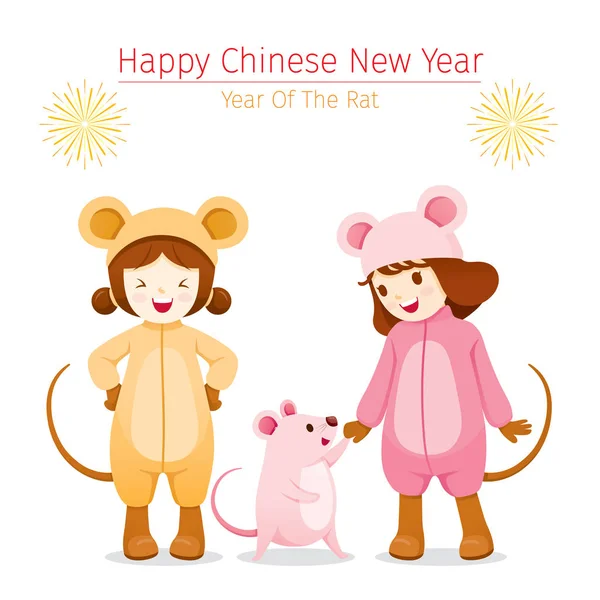 Chicas en trajes de rata con rata, Feliz, Año Nuevo Chino 2020, Ye — Archivo Imágenes Vectoriales