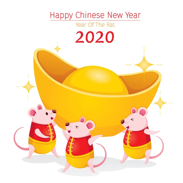 Tři krysy v čínském oblečení nesoucí velké zlato společně, šťastný — Stockový vektor