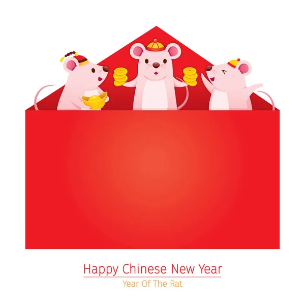 Happy Rats Popping From Big Red Envelope, Happy Chinese New Year — Stock Vector