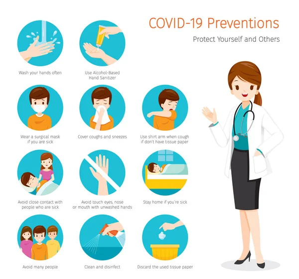 Dokter Perempuan Dengan Penyakit Coronavirus Covid Preventions Langkah Untuk Perlindungan - Stok Vektor