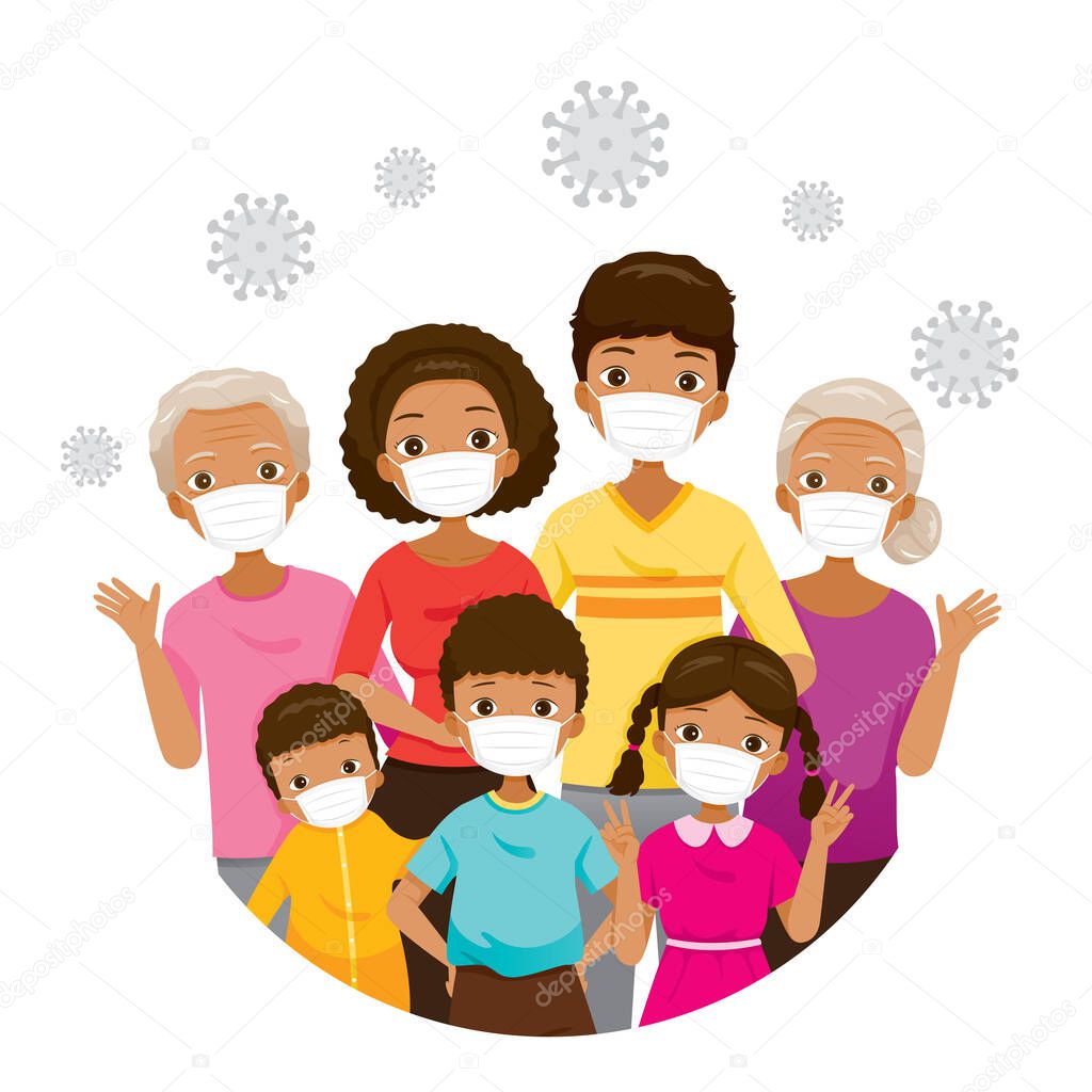 Dark Skin Family Wearing Face Masks For Prevent Coronavirus Disease, Covid-19 Virus and Pollutions, Health Protection, Healthcare, Covid, Respiratory, Safety, Protection, Outbreak, Pathogen