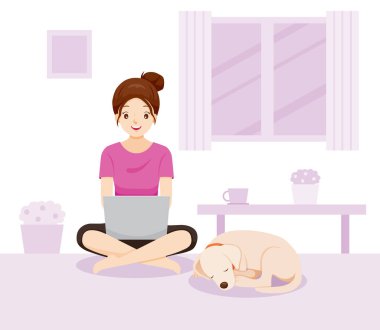 Kadın Evden Çalışıyor, Evden Öğreniyor, Evden Alışveriş Yapıyor, Köpekle Alışveriş Yapıyor, Coronavirüs hastalığından Korunuyor, Covid-19, Sosyal Mesafe, Solunum, Güvenlik, Korunma, Salgın