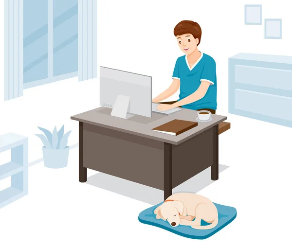 Erkek Evden Çalışıyor Evden Öğreniyor Köpekle Alışveriş Yapıyor Koronavirüs Hastalıklarından — Stok Vektör