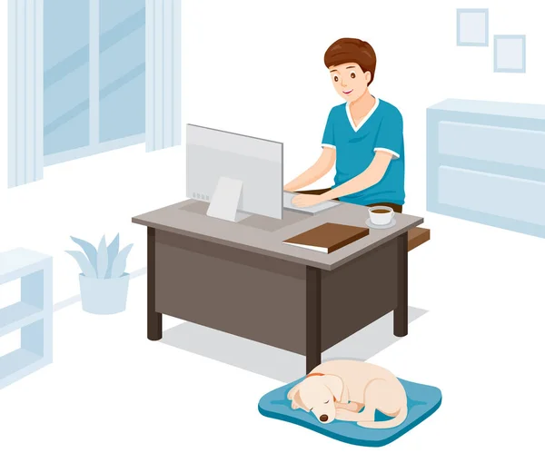 Man Work Home Aprenda Casa Compras Casa Com Cão Proteger —  Vetores de Stock